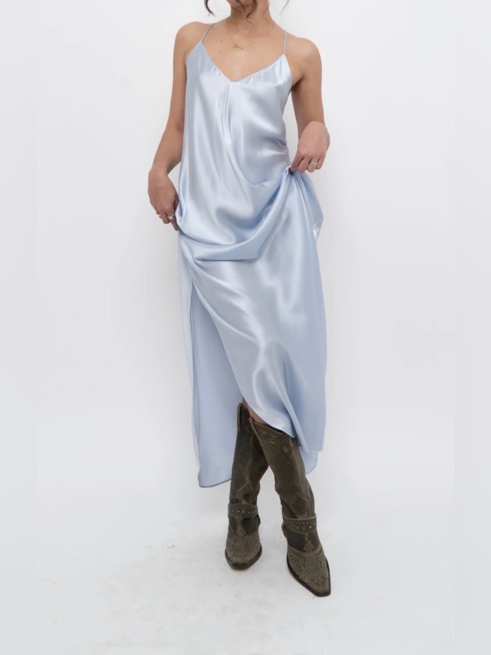 Elegant baby blue silk maxi Slip Dress